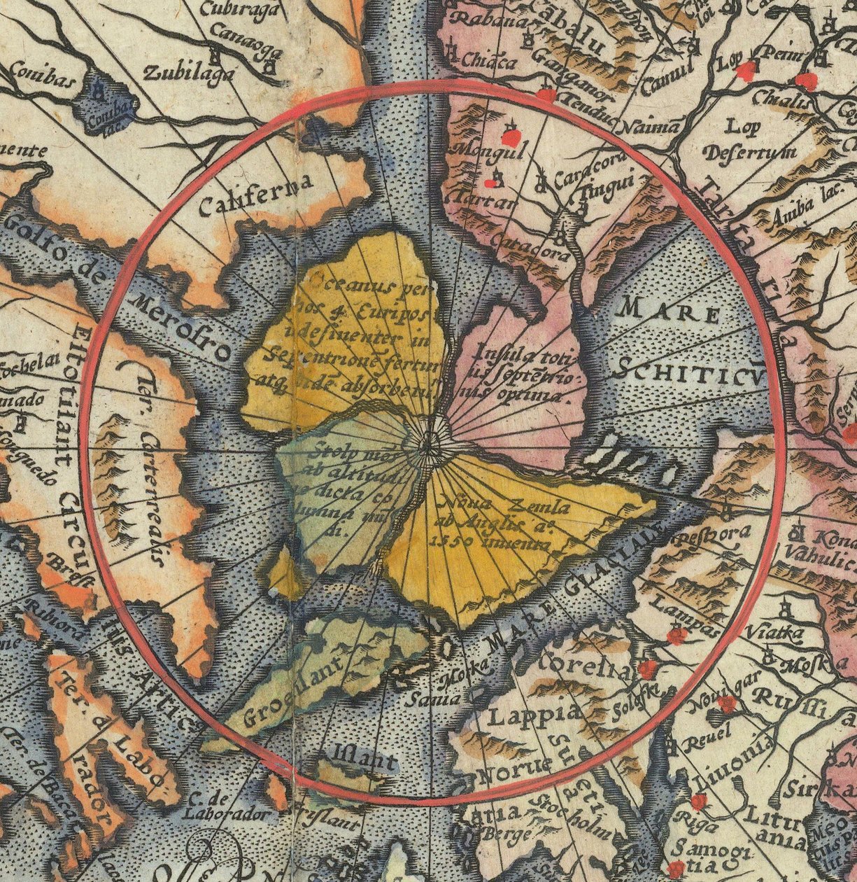 Particolare della mappa del mondo - Artico con isola magnetica come Polo Nord da Cornelis de Jode
