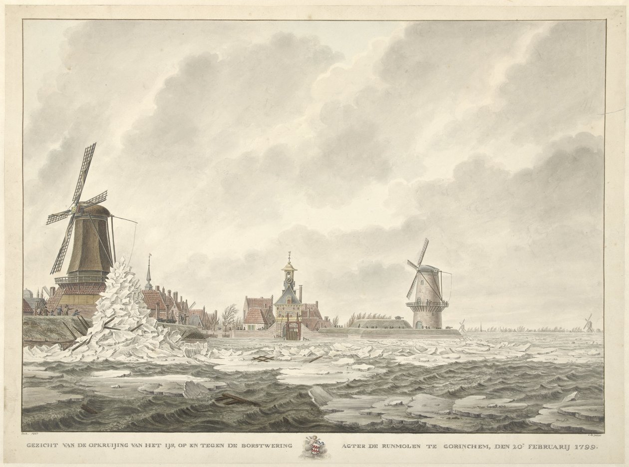 Vista del ghiaccio che si accumula contro il parapetto dietro il mulino a vento di Gorinchem, 20 febbraio 1799 da Cornelis de Jonker