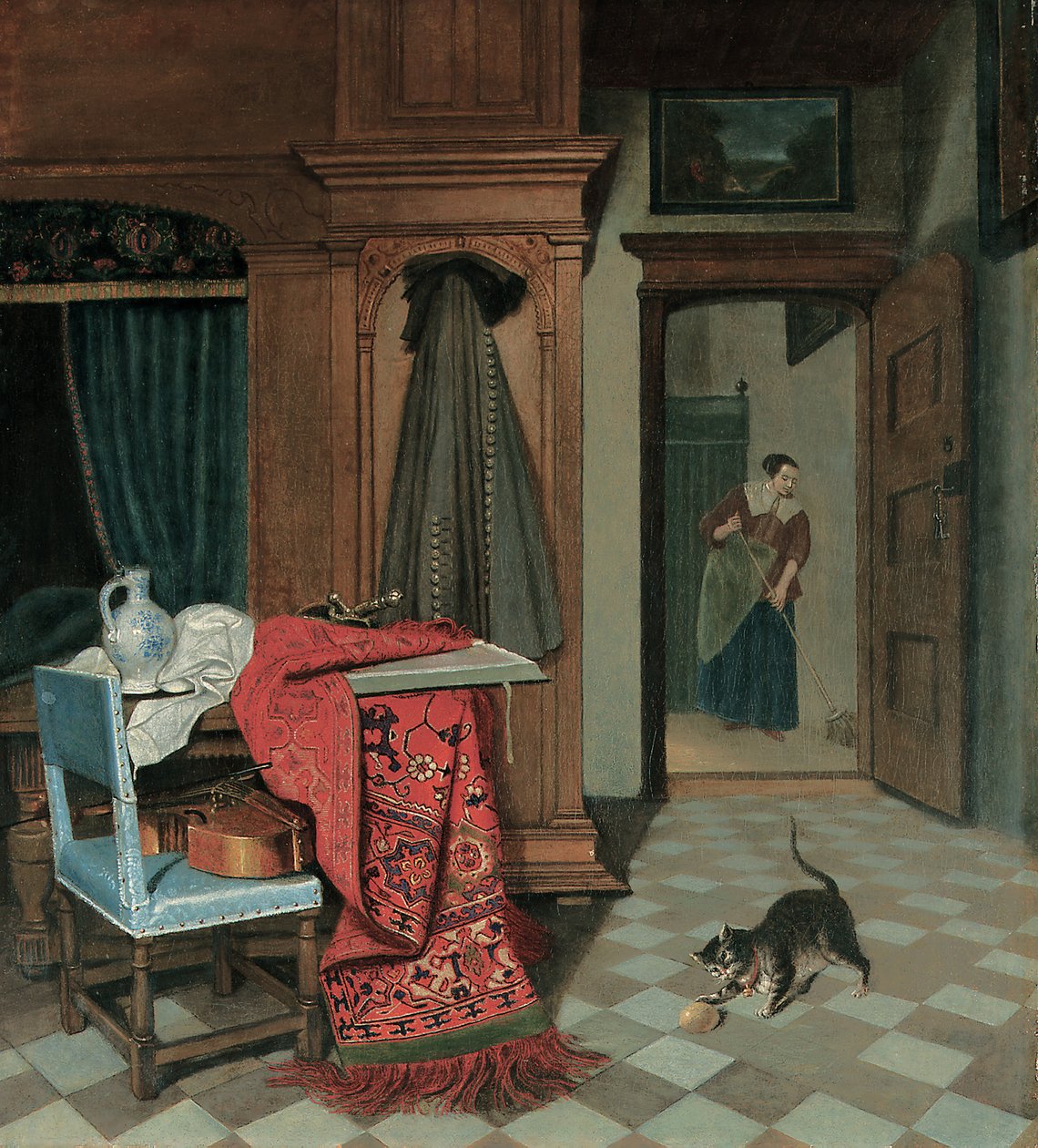Interno con tappeto, spada e brocca su un tavolo, violoncello su una sedia, cappotto appeso a un armadio, gatto che gioca con una palla, domestica oltre da Cornelis de Man