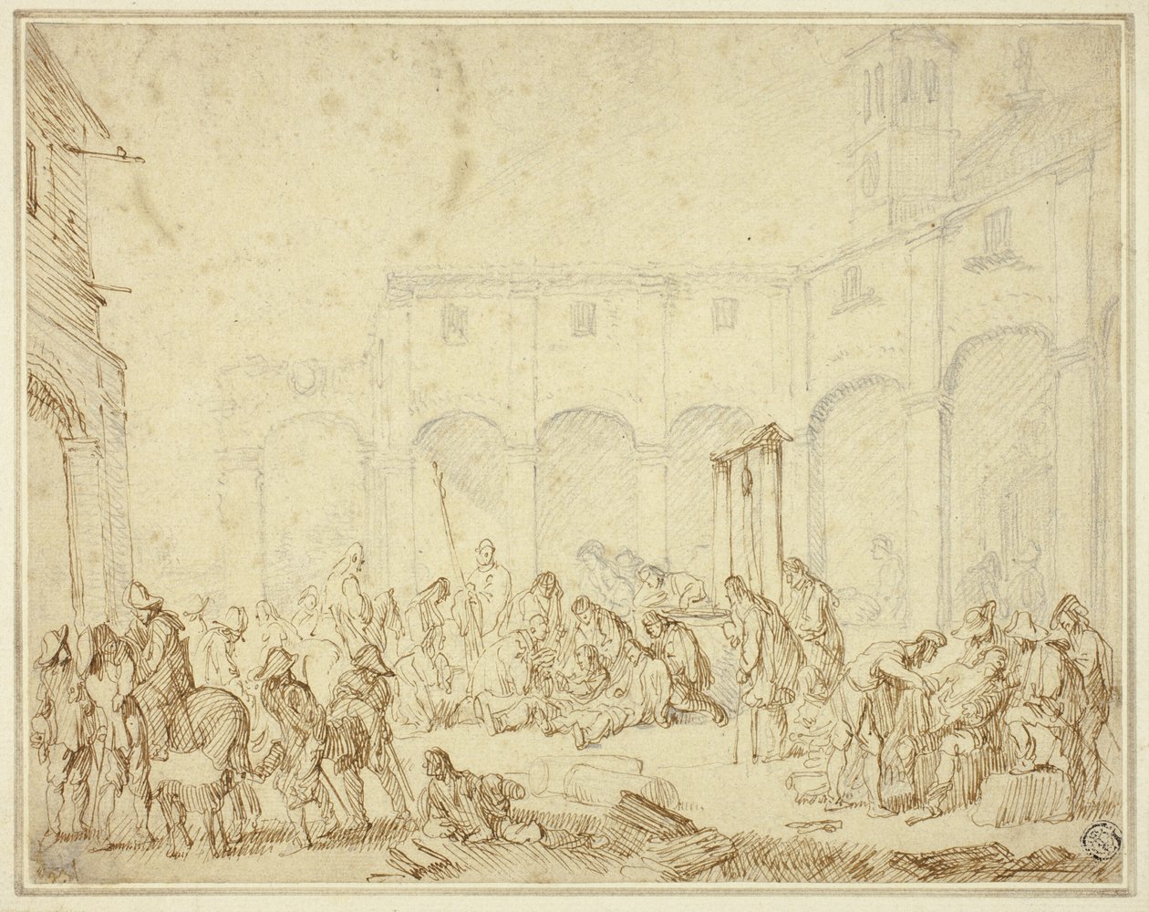 Soldati feriti nel cortile della piazza della città da Cornelis de Wael