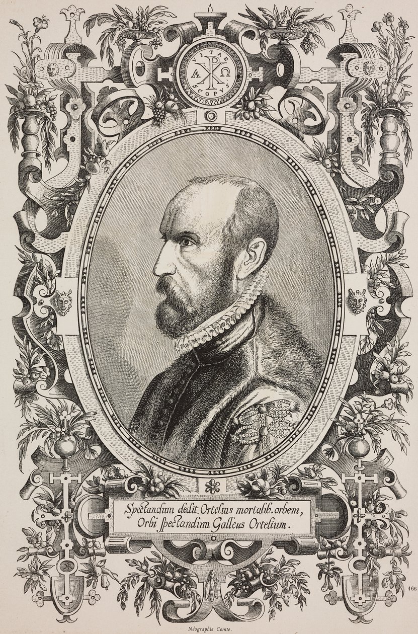 Ritratto di Abraham Ortelius (1528-1598), incisione di Cornelius Galle il Vecchio (1576-1650) da L