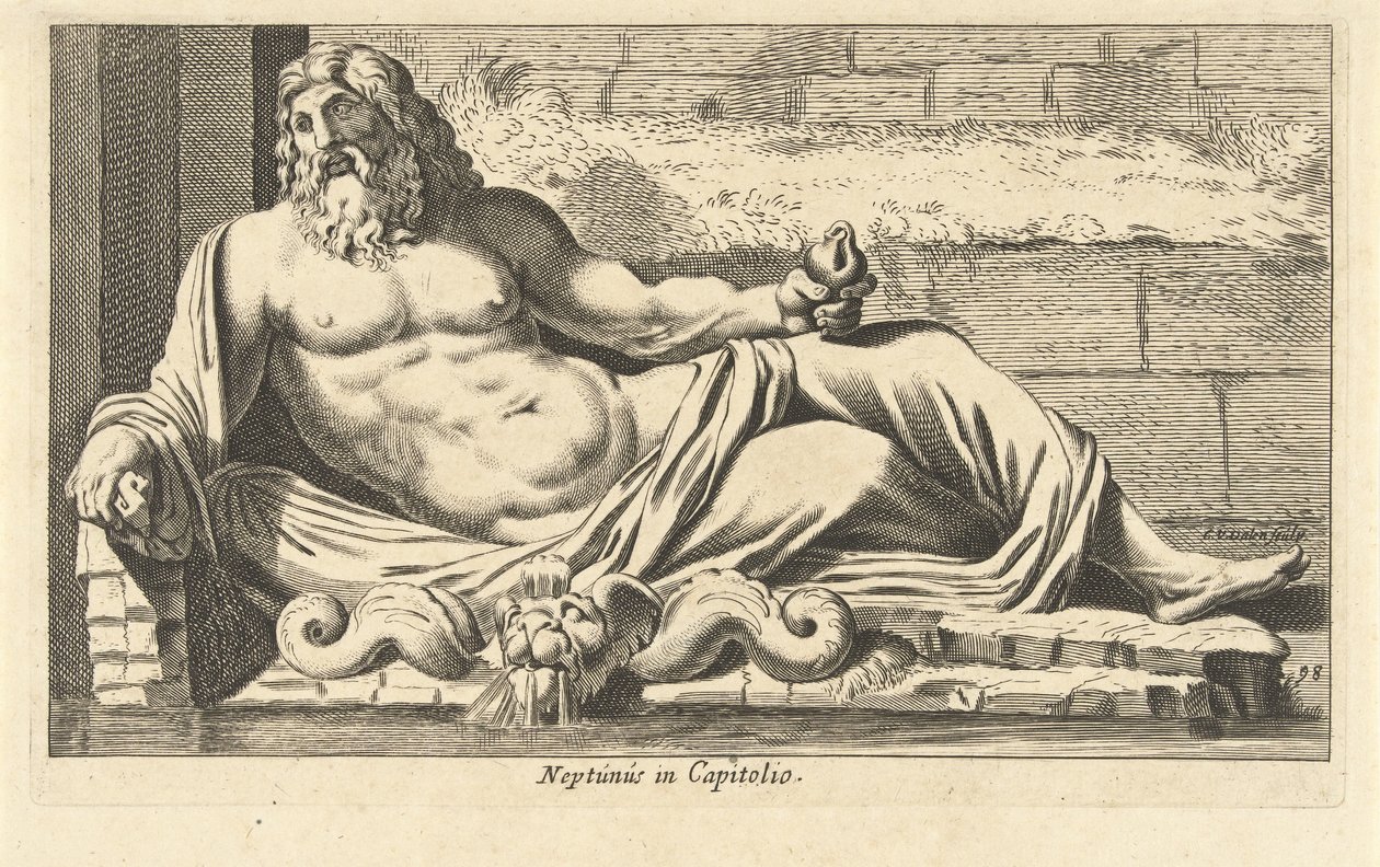 Statua di Nettuno presso la fontana sul Campidoglio a Roma da Cornelis van Dalen (I)