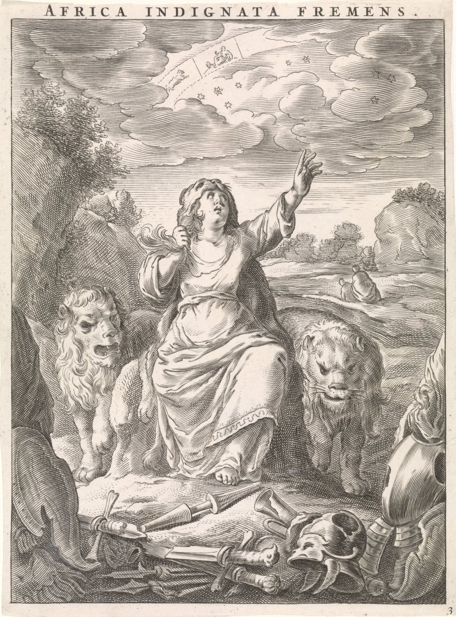 Personificazione femminile del continente Africa come donna con pelle di leone seduta tra leoni da Cornelis van Dalen (II)