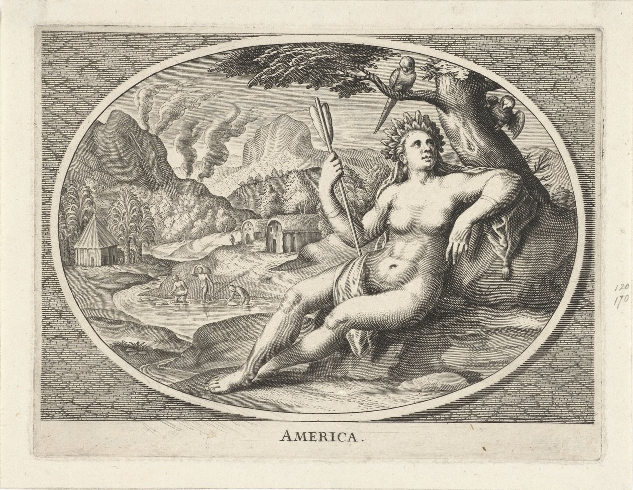 Personificazione femminile del continente America come donna con copricapo di piume e freccia in un paesaggio da Cornelis van Dalen (II)