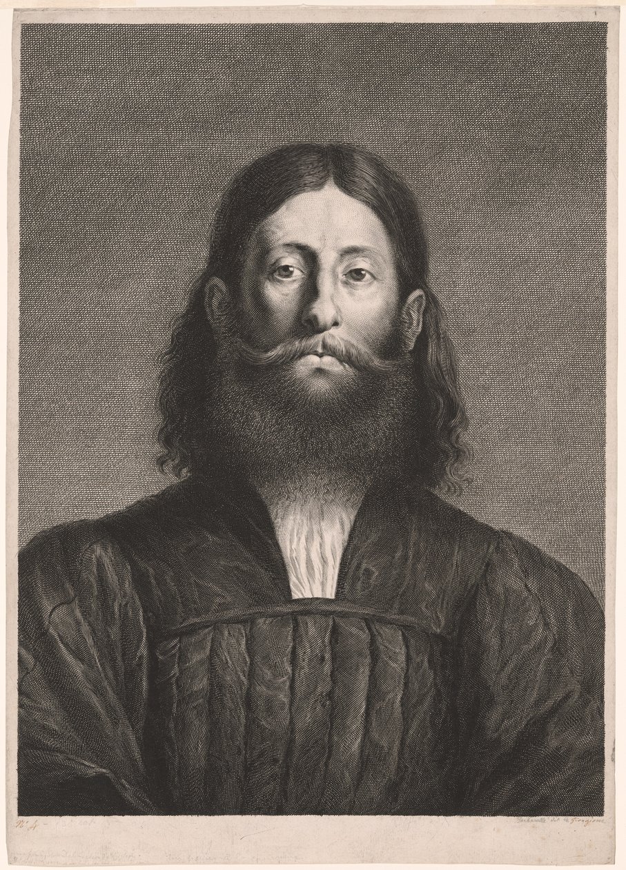 Ritratto di uomo barbuto (cosiddetto ritratto di Giorgione), da Cabinet Reynst; Variarum imaginum a celeberrimis artificibus pictarum Caelaturae (Cabinet Reynst: Incisioni di varie immagini dipinte da artisti famosi) da Cornelis van Dalen II
