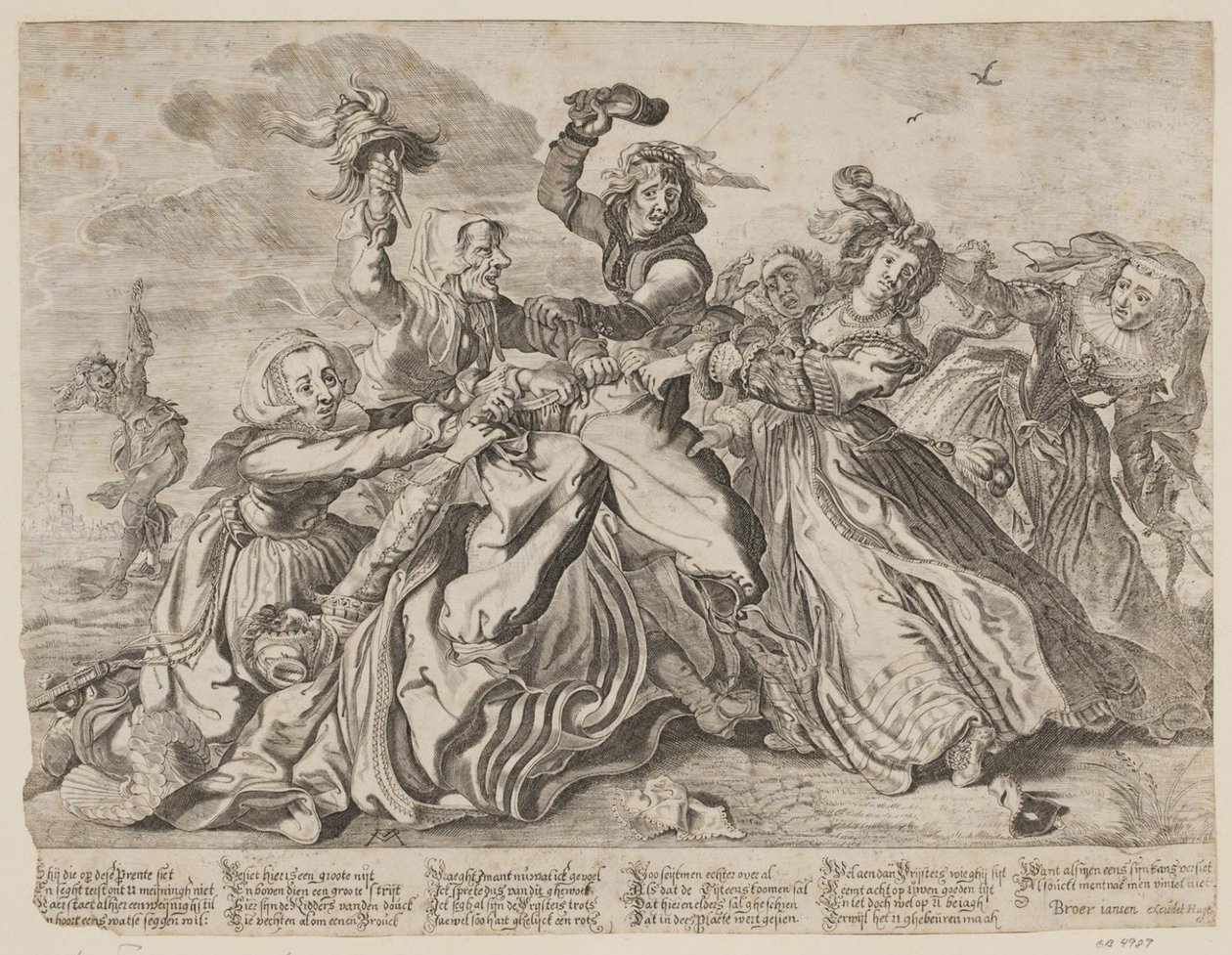 Sette donne che litigano per un paio di pantaloni da uomo da Cornelis van Kittensteyn