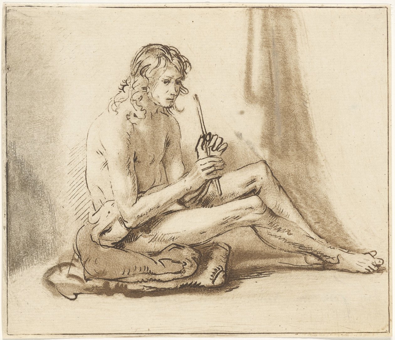 Uomo nudo seduto con flauto da Cornelis van Noorde