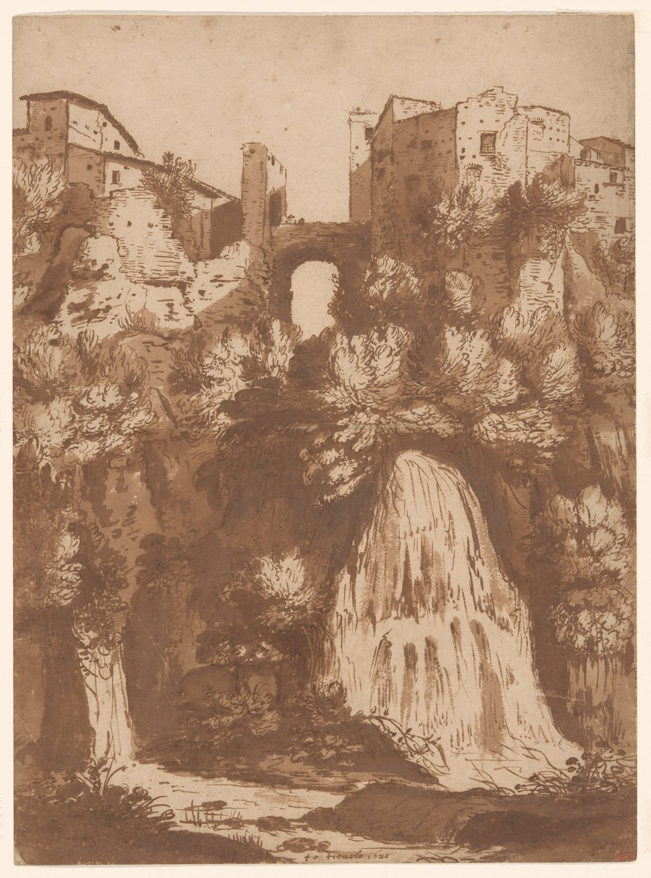 Veduta di Tivoli con il ponte sulla cascata dell