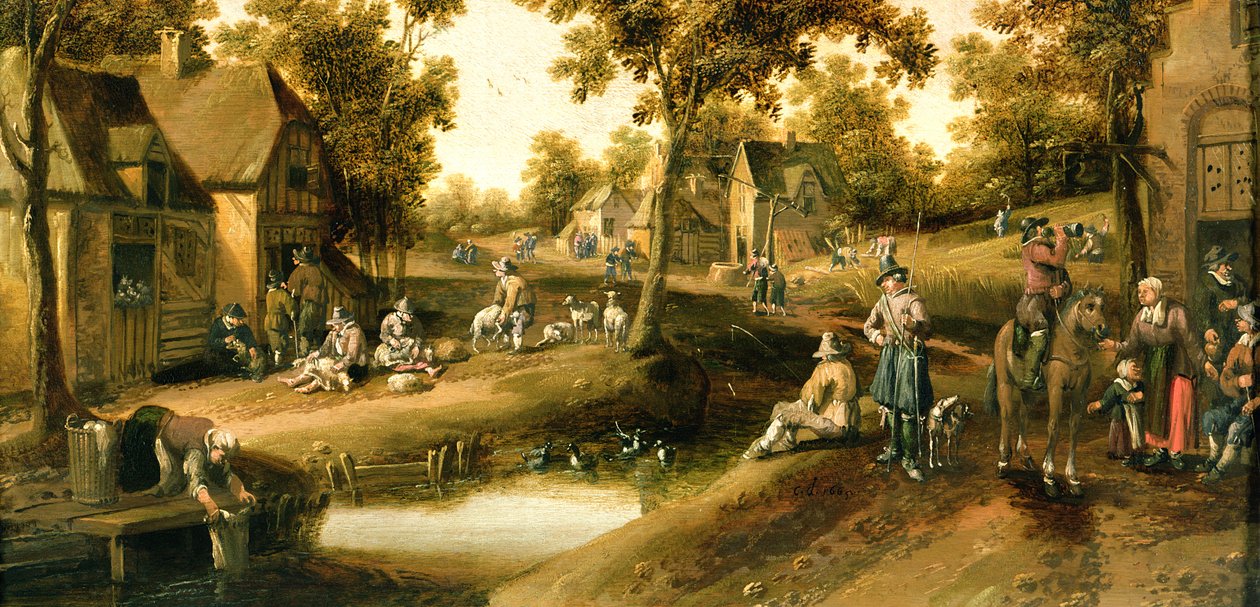 Scena di villaggio con contadini sulle rive di un ruscello da Joost Cornelisz. Droochsloot