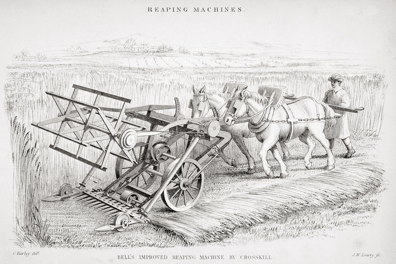 La macchina per mietere migliorata di Bell, incisa da J.M. Lowry da Cornelius Varley