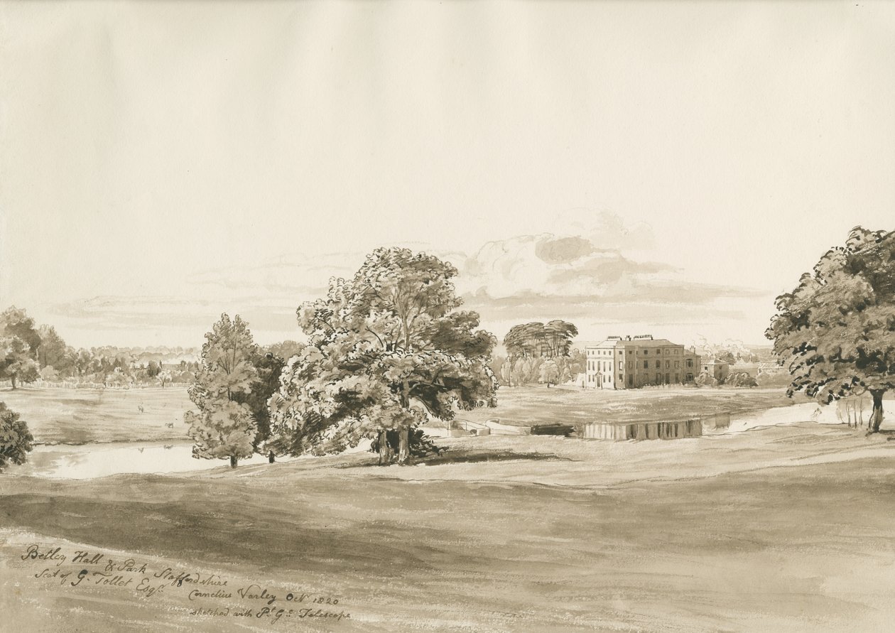 Palazzo di Betley: disegno a lavaggio seppia, ott 1820 da Cornelius Varley