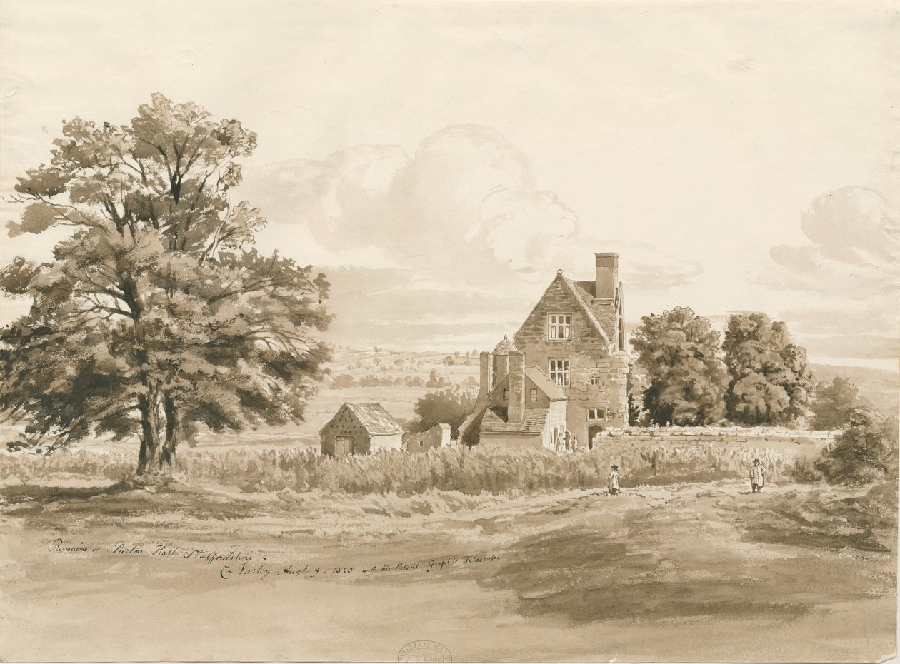 Tettenhall - Perton Hall: disegno a lavaggio di seppia da Cornelius Varley