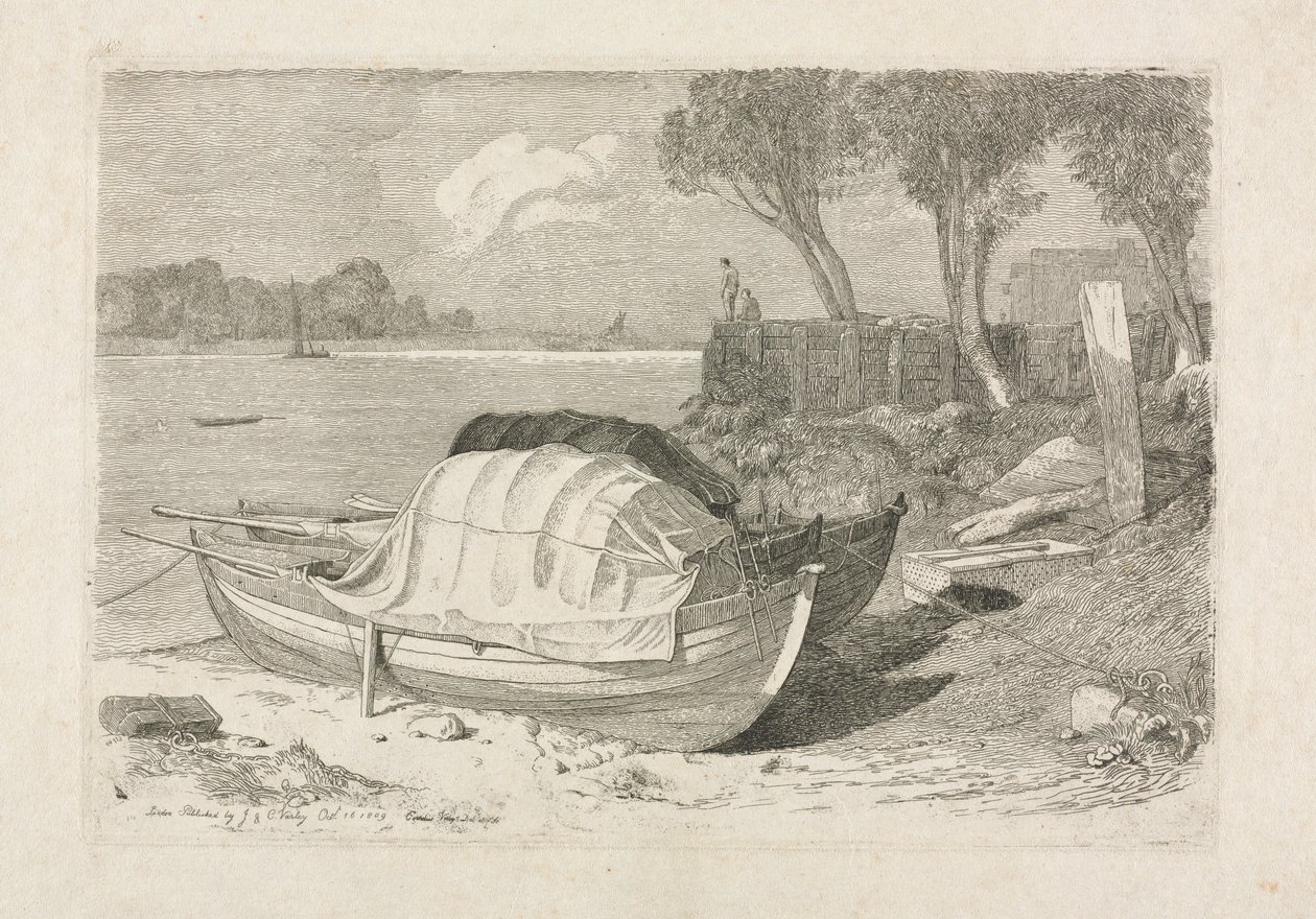 Due barche da pesca arenate, 1809 da Cornelius Varley