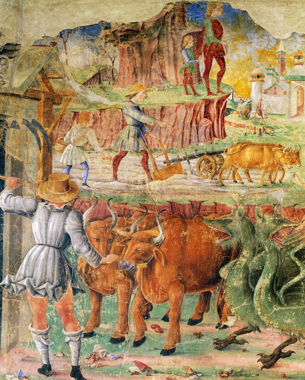 Immagine agricola, dettaglio dal Trionfo di Cerere, scena del Mese di Agosto, ca 1470, attribuito a Cosimo Tura e Maestro di Ercole da Cosimo (attr. to) Tura