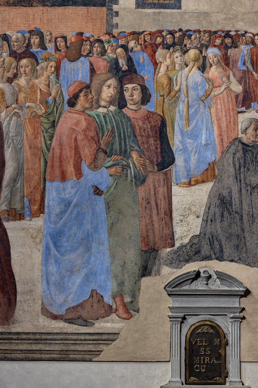 Il gruppo di umanisti neoplatonici (da sinistra, Marsilio Ficino, Giovanni Pico della Mirandola e Agnolo Poliziano): dettaglio del 