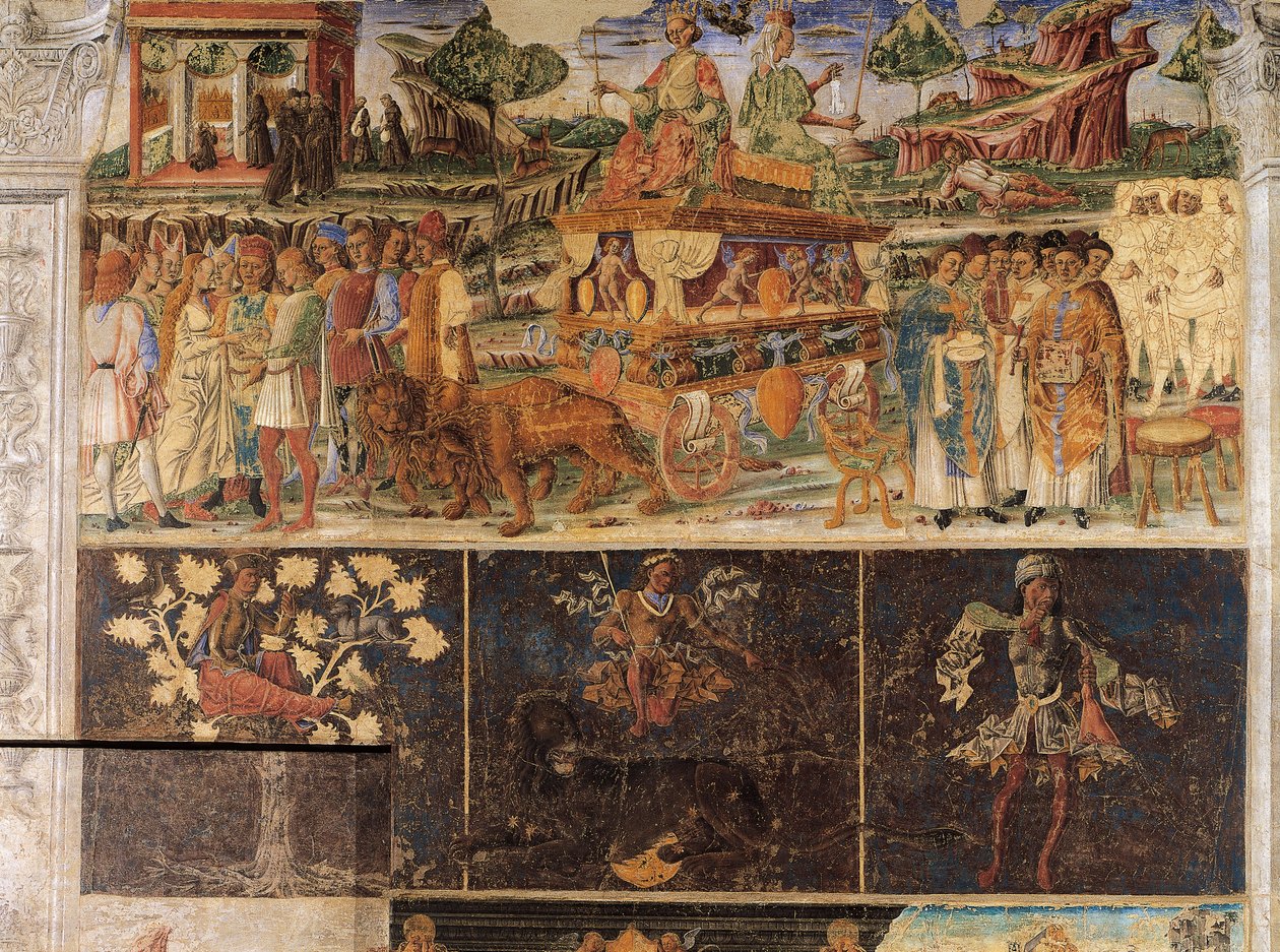 Trionfo di Giove e Cibele e Segno del Leone, scene dal Mese di Luglio, affresco, parete nord, Sala dei Mesi, Palazzo Schifanoia, Ferrara, Italia, circa 1470 da Cosimo Tura