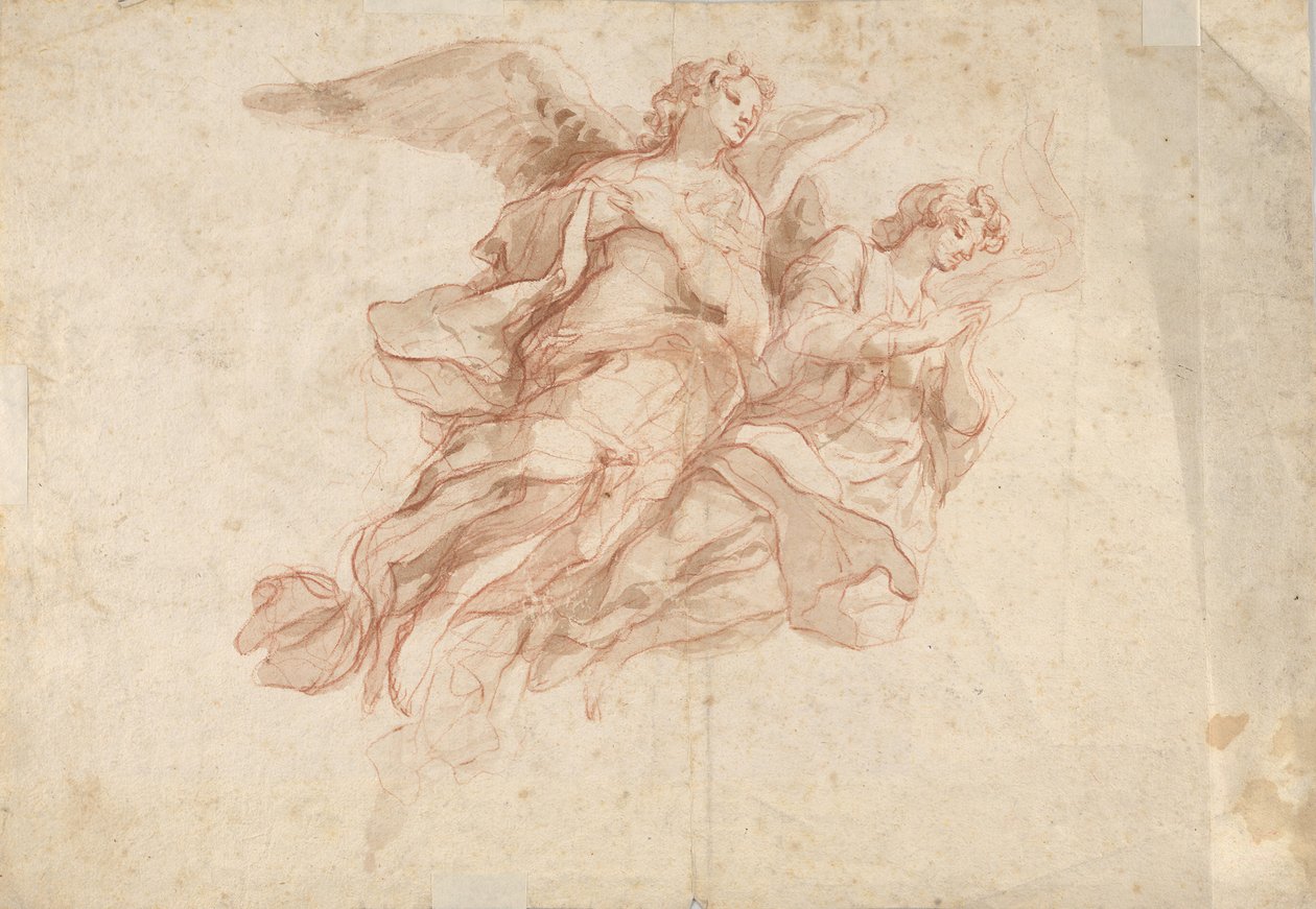 Due angeli volanti, verso: Dio Padre seduto sulle nuvole e uno schizzo di una figura volante da Cosmas Damian Asam