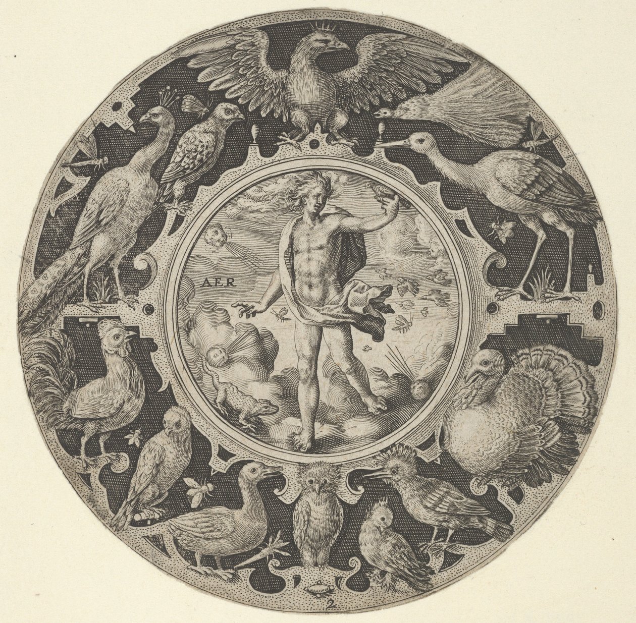 Aer in una cornice decorativa con uccelli, da una serie di disegni circolari con il F..., 1590-1612 da Crispijn de Passe I