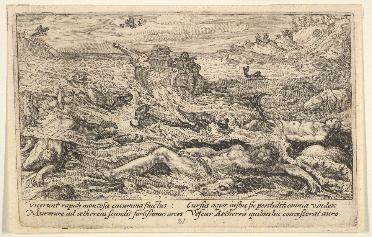 Il diluvio distrugge la vita sulla terra: cadaveri di umani e animali alla deriva in primo piano..., 1612 da Crispijn de Passe I