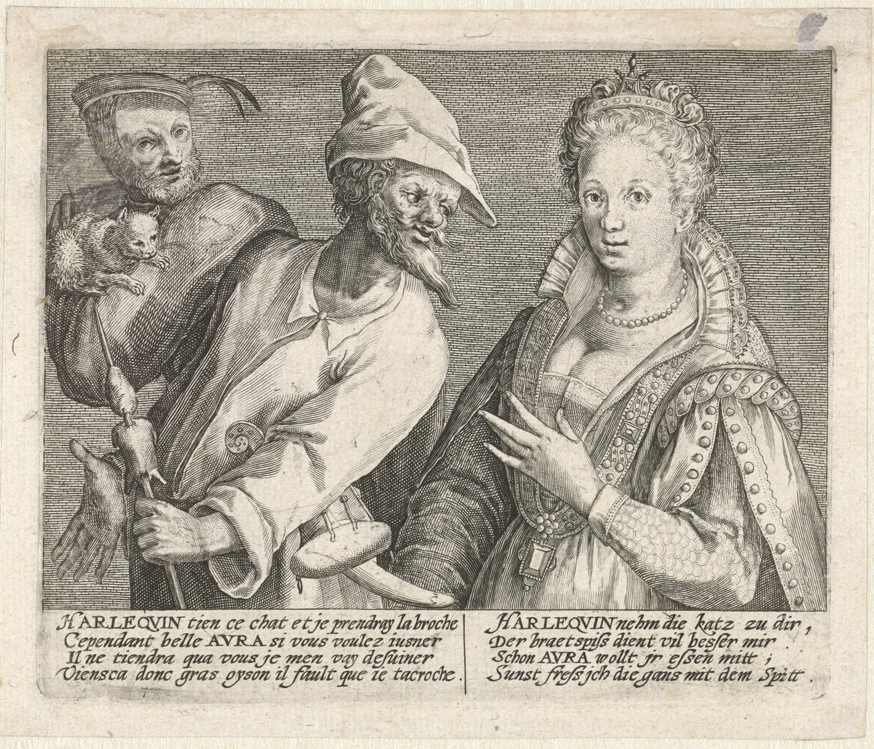 Aura tenta di sedurre Arlecchino Mimicarum aliquot facetiarum icones ad habitum Italicum expressi (titolo della serie) da Crispijn van de Passe (I)