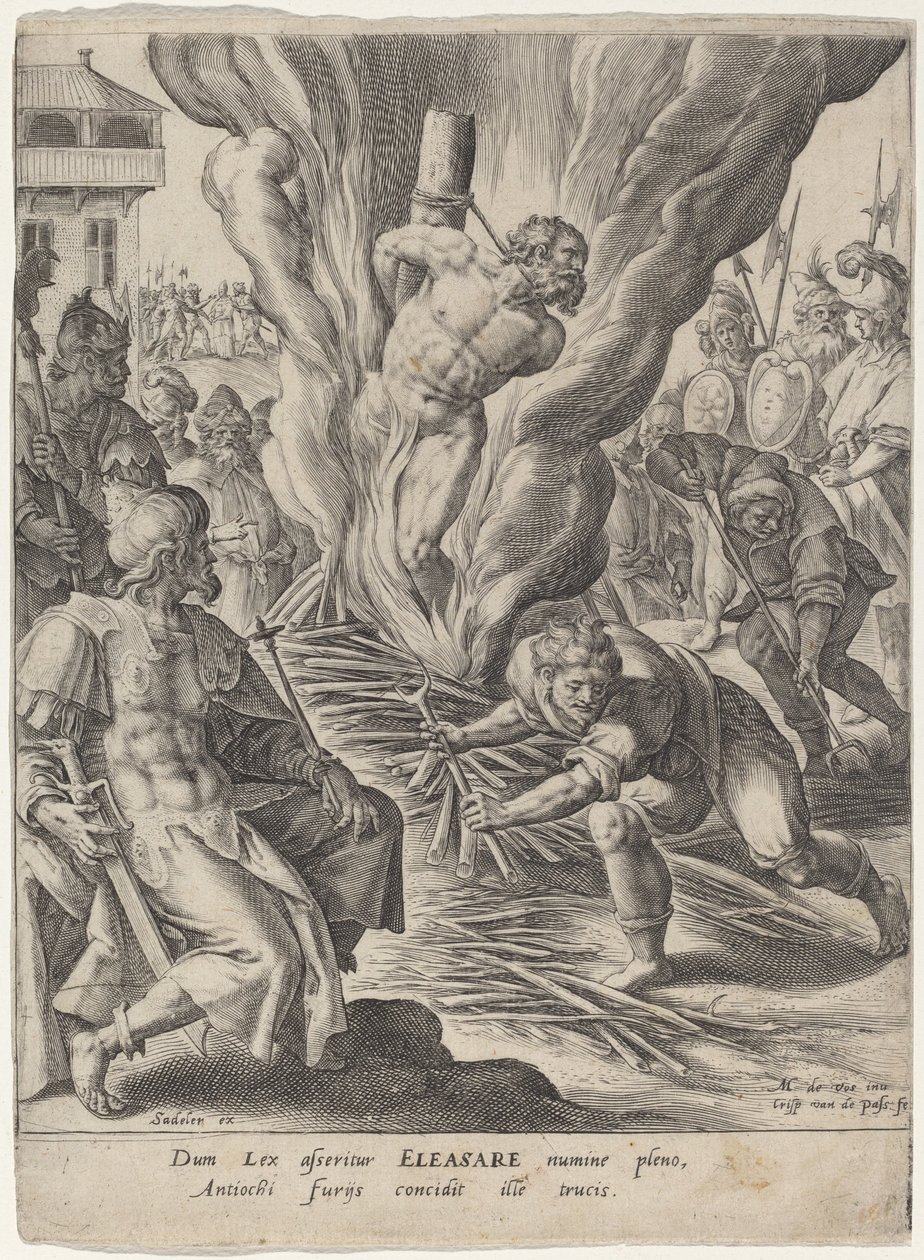 Eleazaro bruciato da Antioco da Crispijn van de Passe I after Maarten de Vos
