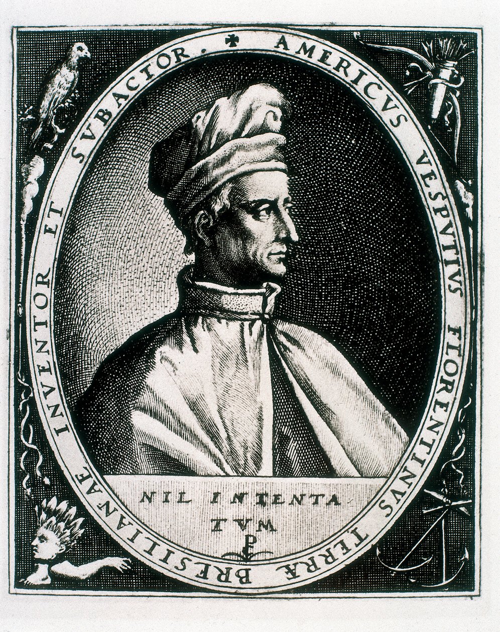 Ritratto di Amerigo Vespucci, iscrizione "Americus Vesputius Florentinus Terrae Bresilianae Inventoret Subactor" (incisione) da Crispin I de (after) Passe