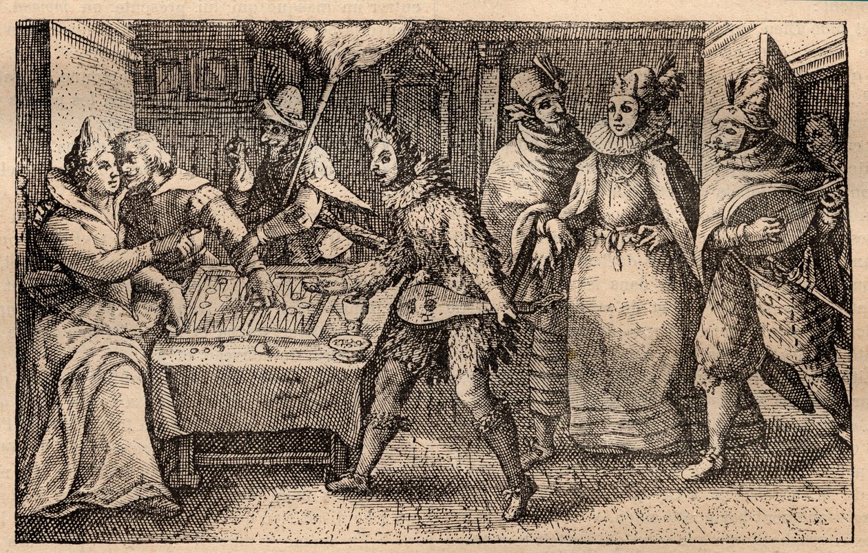 Una partita di backgammon con giocatori itineranti - Incisione su rame olandese; da una serie di stampe, Hortus Voluptatem, di Crispin de Passe (1550-1643) - Una coppia che gioca a backgammon sorpresa da cinque uomini mascherati incisione di Crispin de Pas da Crispin I de Passe