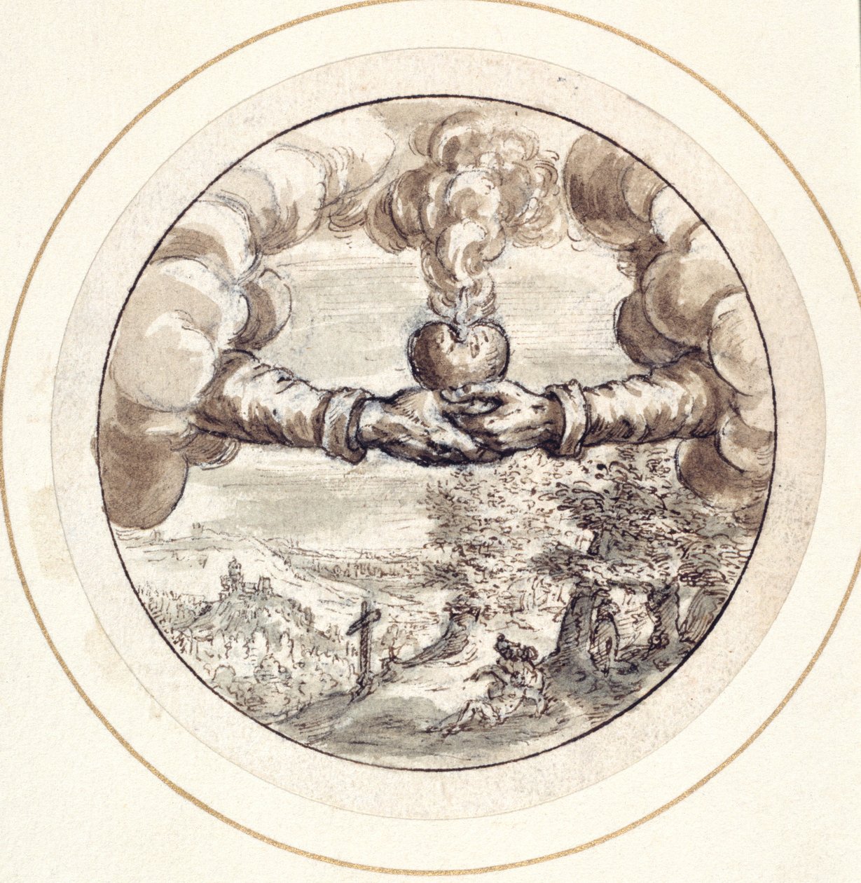 Mani che tengono un cuore fiammeggiante e una corona imperiale con vista sul Circo Massimo da Crispin I de Passe