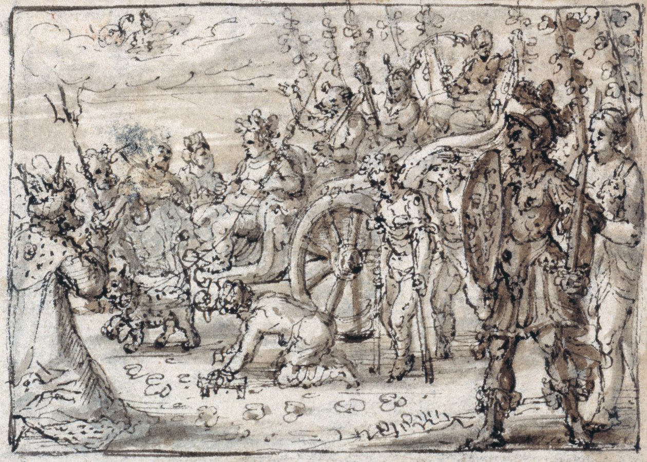 Ingresso trionfale di Bacco indiano a Tebe (penna e inchiostro marrone con lavaggio marrone su carta) da Crispin I de Passe