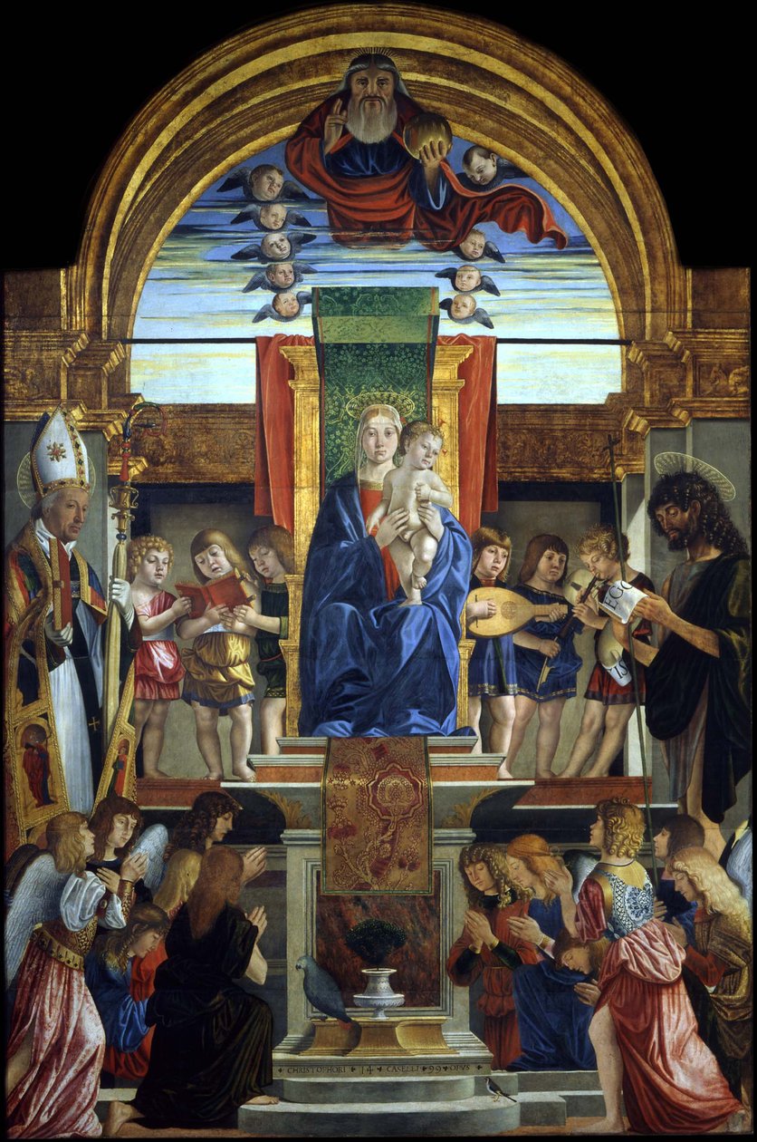 La Vergine e il Bambino in trono con Dio Padre e i santi Ilario e Giovanni Battista, 1499 da Cristoforo Caselli