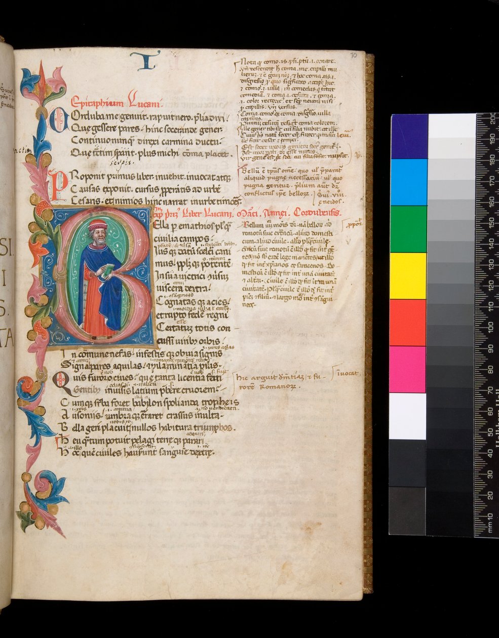 Ms 325. Lucano, Bellum Civile, e altre opere, f.10r. Iniziale illuminata [B], abitata da un ritratto d