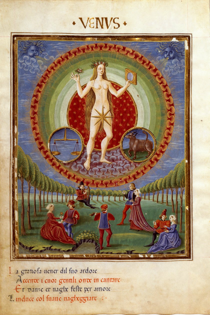 Commedia con i segni zodiacali della bilancia e del toro. Le scene galanti (miniatura, c.1470) da Cristoforo De Predis