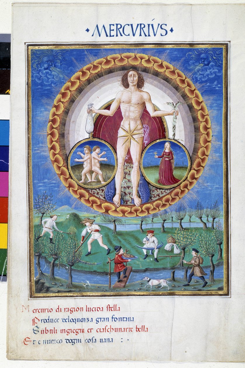 Mercurio con segni zodiacali della Vergine e dei Gemelli. In basso, contadini che lavorano nei campi. Miniatura realizzata da Cristoforo de Predis (v. 1440-v. 1486) - in "De Sphaera" d
