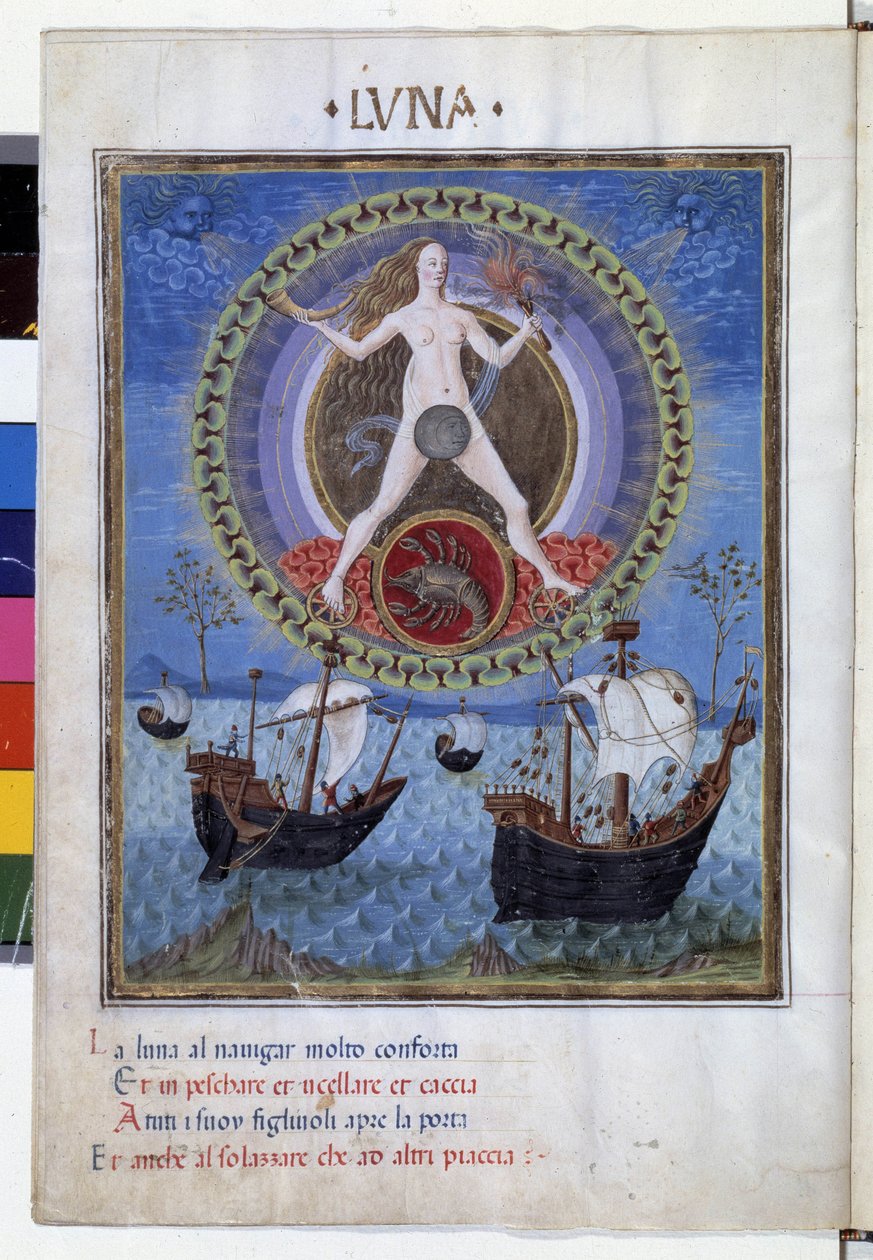 Luna con il segno zodiacale del cancro. Sotto, barche durante la marea crescente. Miniatura di Cristoforo de Predis (v. 1440-v. 1486) - in 