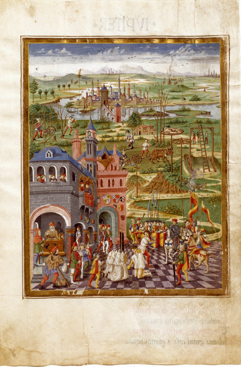 Scena di tortura e condanne in una città medievale. Influenze di Saturno (miniatura, c.1470) da Cristoforo De Predis