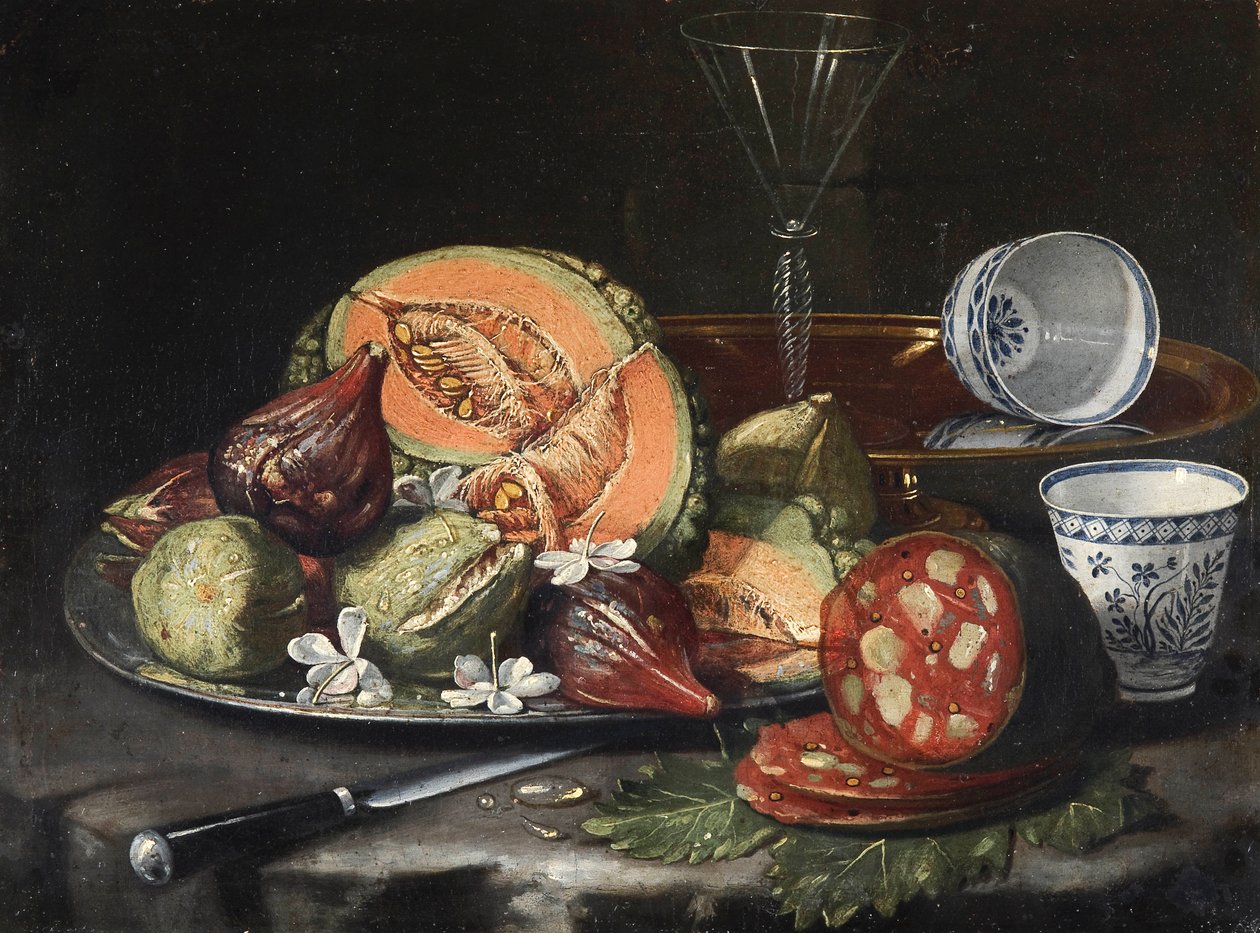 Natura morta: Melone, salame, fichi e porcellane cinesi da Cristoforo Munari
