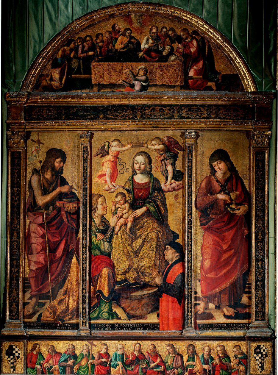 Trittico del matrimonio mistico di Santa Caterina, circondata dai Santi Giovanni Battista e Giovanni Evangelista da Cristoforo Scacco