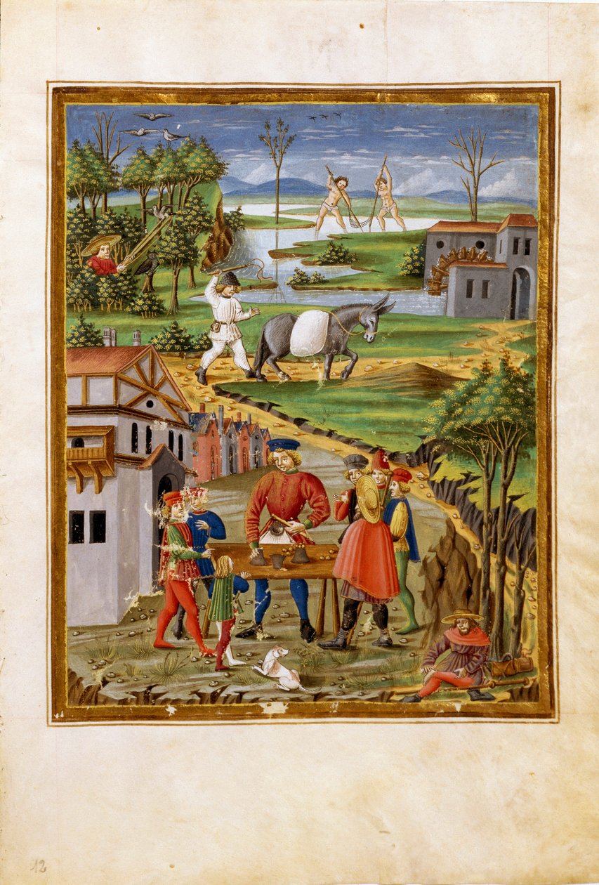 Influenza della Luna: scena di pesca, caccia e agricoltura (miniatura, c.1470) da Cristoforo De Predis