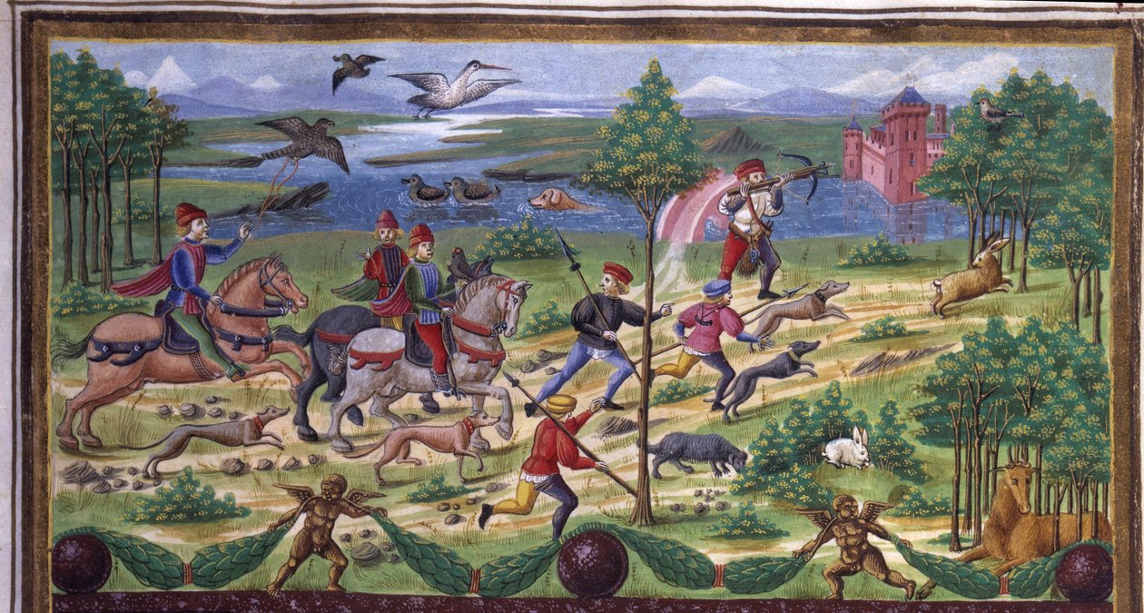 La Caccia (dettaglio) in "Influenza di Marte": caccia e tribunale. Miniatura di Cristoforo de Predis in "De Sphaera" d