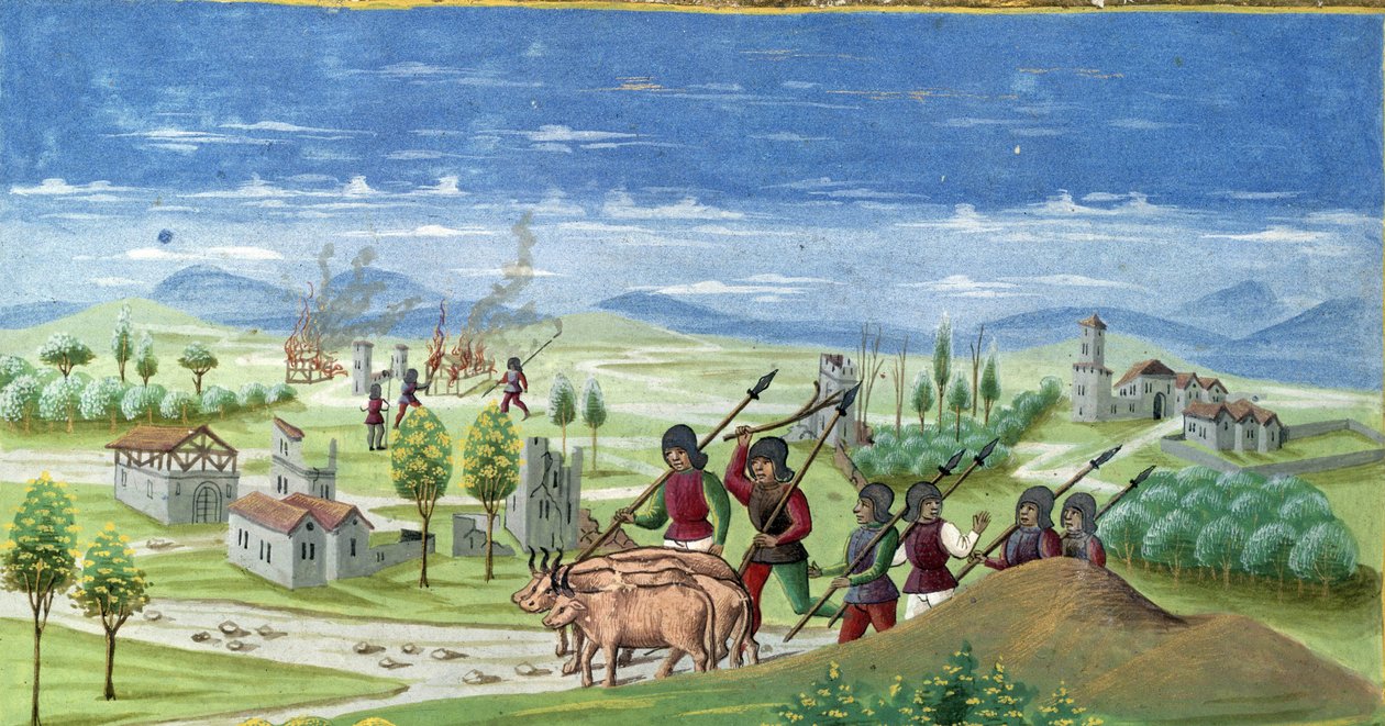 Saccheggio durante la guerra. dettaglio di "Influenza del Sole": La Guerra. Miniatura realizzata da Cristoforo de Predis (v. 1440-v. 1486) - in "De Sphaera" d
