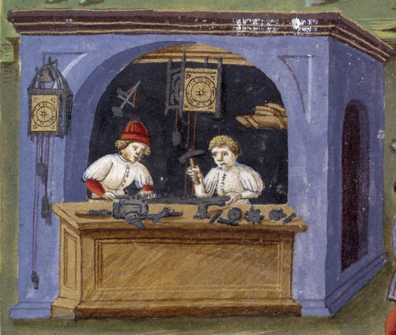 Un orologiaio in "Influenza della luna": artigiani. Miniatura di Cristoforo de Predis in "De Sphaera" d