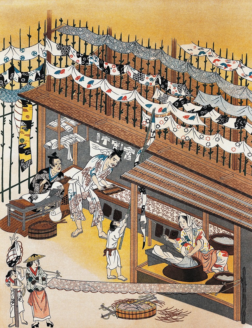 Artigiani al lavoro, dipingendo schermi di seta, Periodo Edo (1600-1868) da Culture Edo