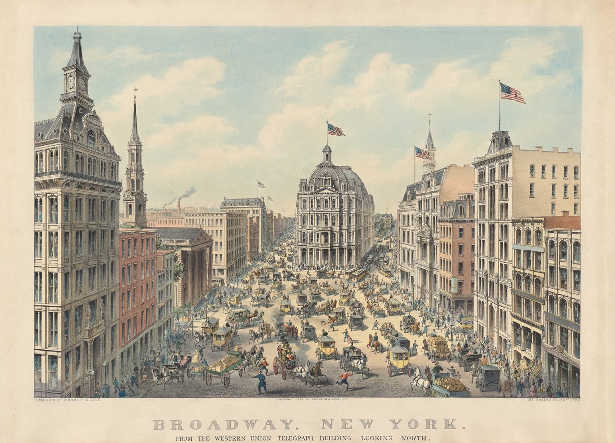 Broadway, New York: dal Western Union Telegraph Building guardando a nord da Currier and Ives
