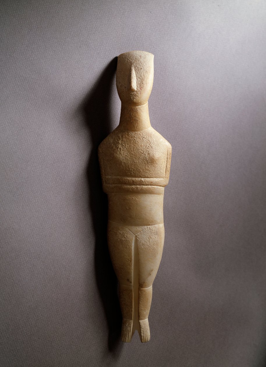 Figurina femminile schematica, marmo bianco con intarsi di ocra da Cycladic Cycladic