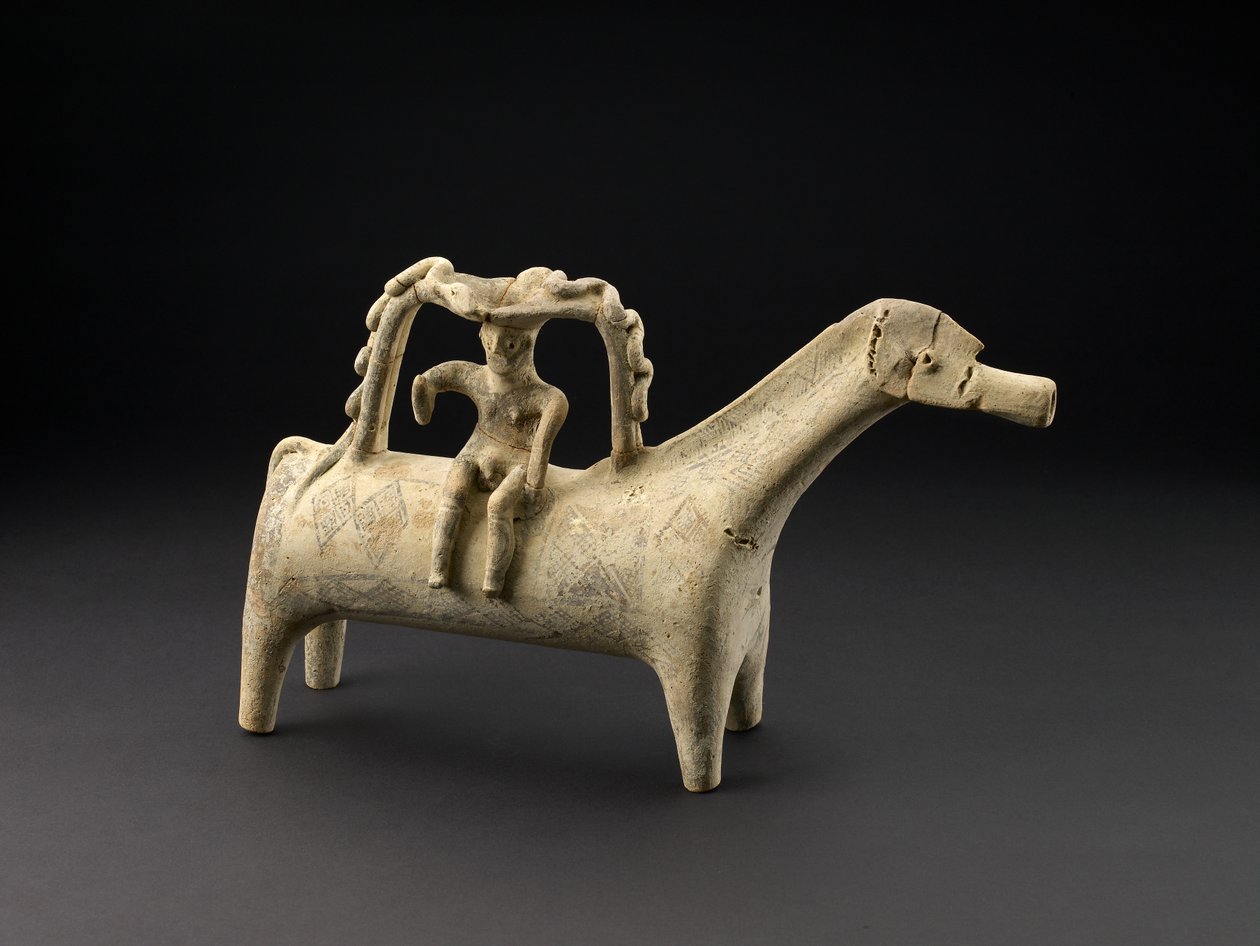 Ritón a forma di cavallo in terracotta con cavaliere come parte del manico sul retro, Periodo Cipriota Tardo IIIB, c.1125-1050 a.C. da Cypriot