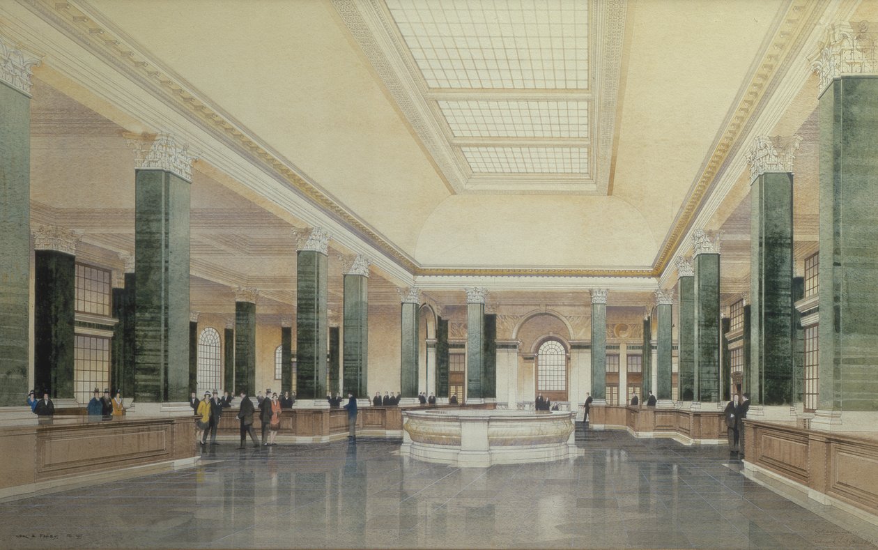 Interno del piano terra della Midland Bank, Londra da Cyril Farey