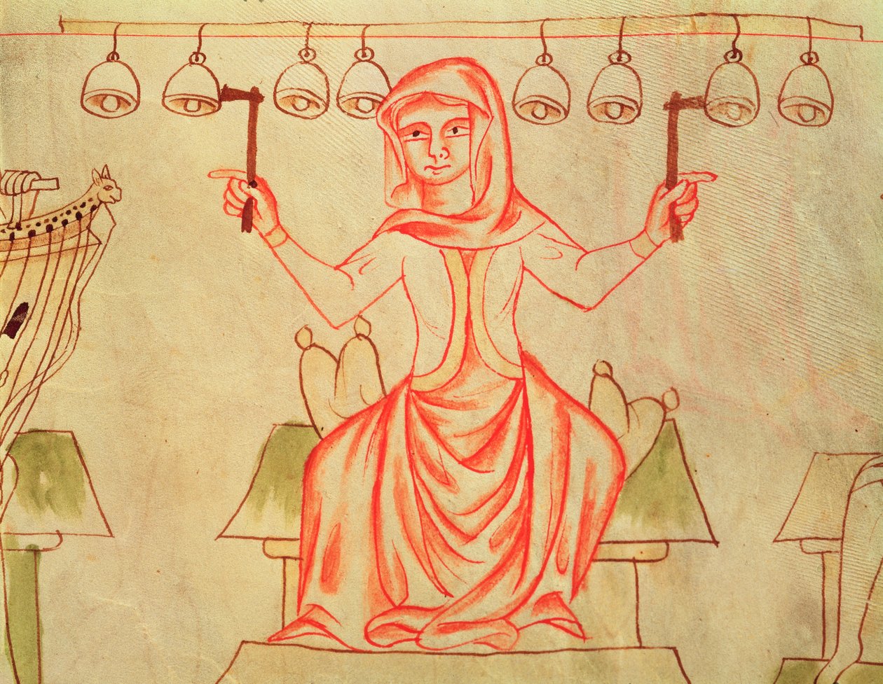 Musicista che suona le campane, dalla Bibbia di Velislav, c.1340 da Czech School