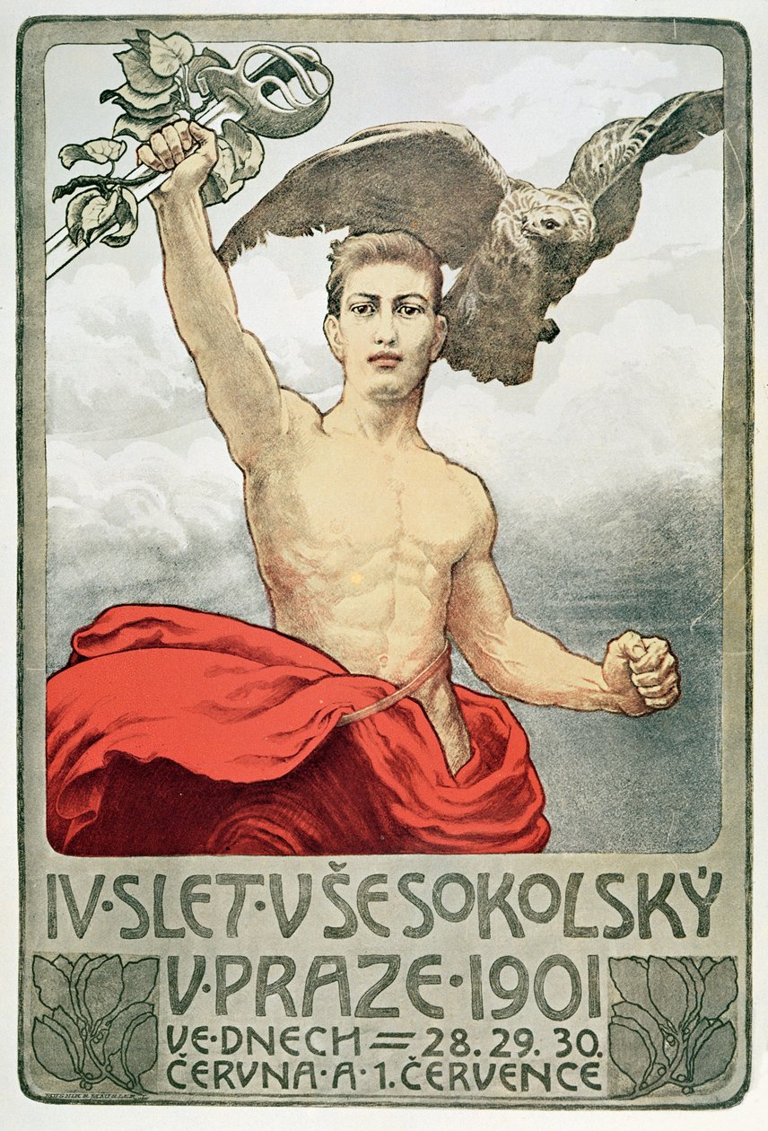 Poster pubblicitario per la 4ª Assemblea dei Sokols a Praga nel 1901 da Czech School