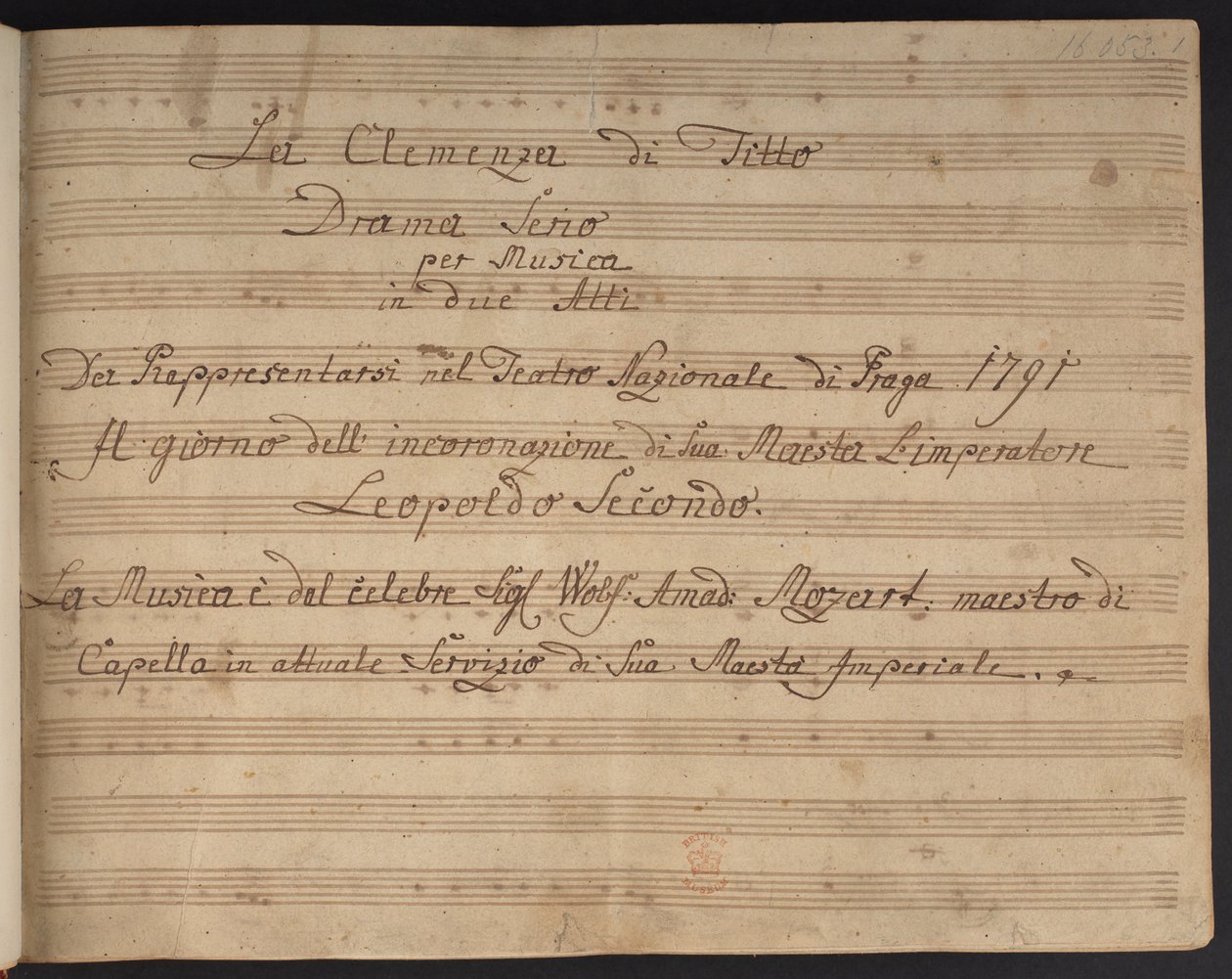 Pagina del titolo della partitura La Clemenza di Tito da Czech School