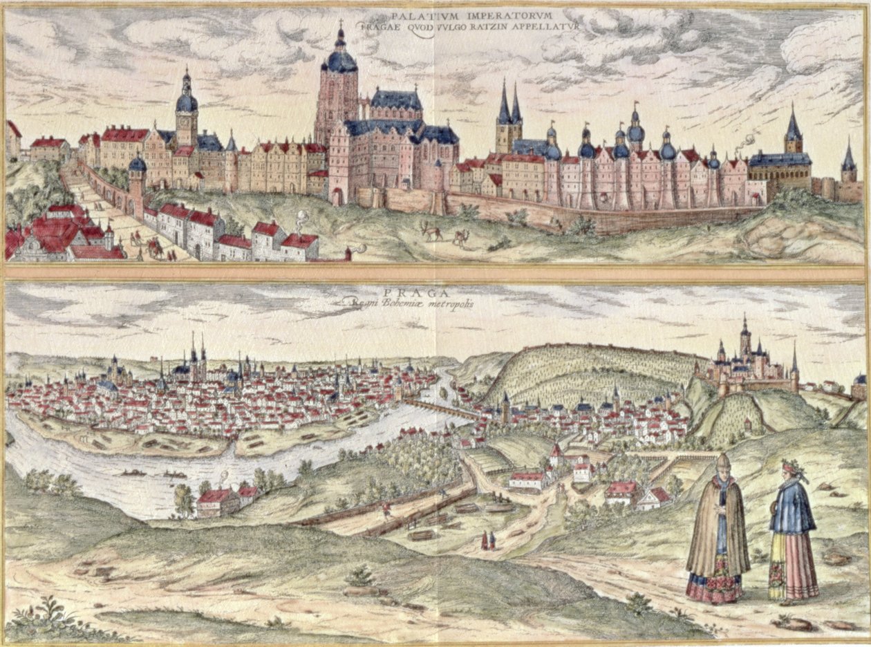 Veduta di Praga con il Palazzo Imperiale e il fiume Vltava che separa le sezioni vecchia e moderna della città da Czech School